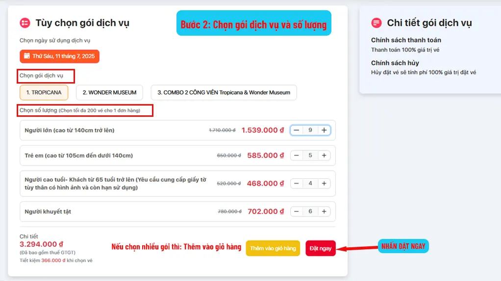 Loại vé Tropicana Park